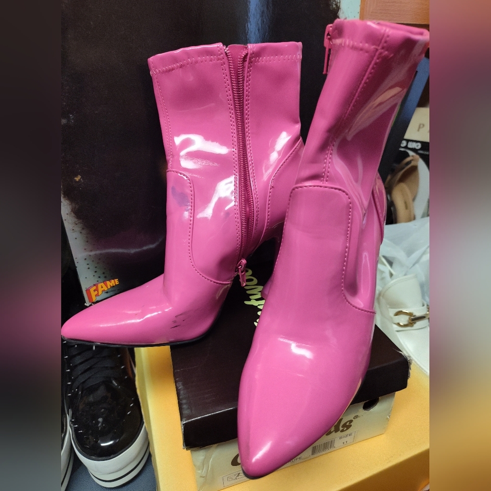 Shiny Pink Knee-High Boots By Pink Inc Size 7 1/2 with Imperfection on shoe